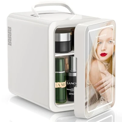 Abbildung von VINATO Mini Kosmetik Kühlschrank, 6L Kühlschrank mit LED Spiegel, 220 V AC/12 DC Kleiner Hautpflege Kühl /Heizfunktion, für Autos Büro Schlafzimmer Schlafsäle