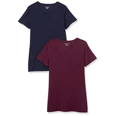 Abbildung von Amazon Essentials Damen Kurzärmeliges T Shirt mit Rundhalsausschnitt, Klassischer Schnitt, 2er Pack, Burgunderrot/Marineblau, L