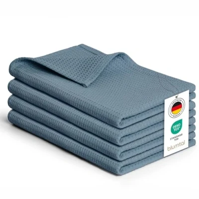 Abbildung von Blumtal® Geschirrtücher 50x70 cm im 4er Set Baumwolle 100% Küchentücher bei 60 C waschbar Waffeltücher Küchenhandtücher Spül &amp; Trockentücher Küche in blau