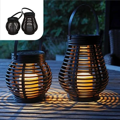 Abbildung von Gadgy Solarlampen für außen Garten 2er Set Rattan Optik Wasserdichte Leuchten draußen Solar Laternen Gartenleuchten