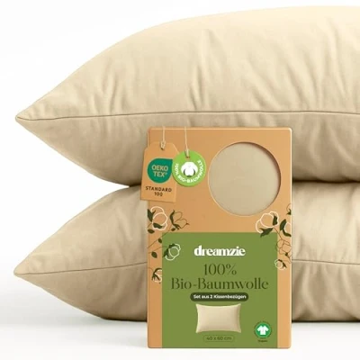 Abbildung von Dreamzie 100% Bio Baumwolle Kissenbezug 40x60 cm 2er Set Beige mit Reißverschluss Oeko Tex