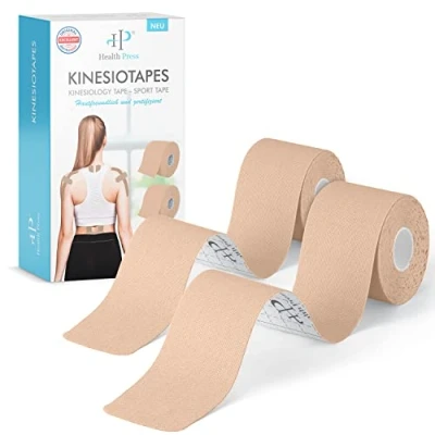 Abbildung von Health Press® Kinesiotapes 2 Kinesiologie Tape Rollen Hautfarben + (5cm x 5m) Kinesiotape Profi Physio und Sporttape Hautfreundliche Tapes DERMATEST: SEHR GUT