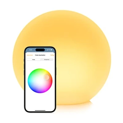 Abbildung von Eve Flare (Apple Home) Tragbare smarte LED Kugelleuchte, wasserbeständig, weißes &amp; farbiges Licht, 90 lm, Ø 25 cm, dimmbar, keine Bridge nötig, Bluetooth Thread, App Steuerung