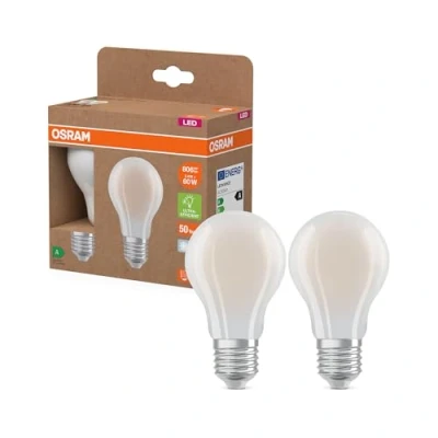 Abbildung von Osram Energy Class LED Lampe in klassischer Kolbenform, 3.8 W / 806 lm, EEK A, kaltweißes Licht (4000 K), CRI 80, aus gefrostetem bleifreiem Glas, E27 Sockel, IP20, 60 mm Durchmesser.