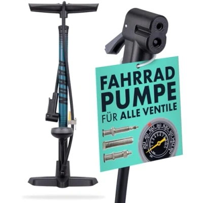 Abbildung von AARON Sport One Fahrrad Standpumpe mit Manometer für alle Ventile Hochdruck Fahrradpumpe inkl. Ball Aufsatz Luftpumpe E Bike, Mountainbike, Rennrad UVM. Blau