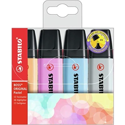 Abbildung von Textmarker STABILO BOSS ORIGINAL Pastel 4er Pack sanftes Orange, himmlisches Blau, frische Fuchsie, seidengrau