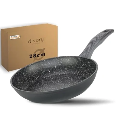 Abbildung von DIVORY Bratpfanne 28cm Induktion Antihaft Beschichtete große Universalpfanne für alle Herdarten Sichere Griffe, Spülmaschinen geeignet (Graues Holz, 28cm)