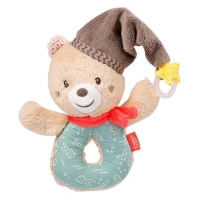 Abbildung von Fehn Baby Ring Greifling Teddybär Kuscheltier Babyspielzeug mit Rassel &amp; Schnullerbefestigung Motorikspielzeug für das spielerische Lernen Teddy Spielzeug Babys Kleinkinder ab 0+ Monaten