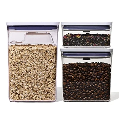 Abbildung von OXO Good Grips 3 teiliges rechteckiges POP Behälter Set mit Löffel, 1.6L + 2.6L Schaufel, Weiß