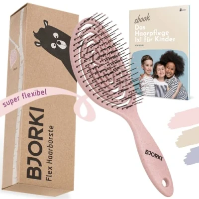 Abbildung von BJORKI® Kinder Haarbürste ohne Ziepen inkl. lehrreichen Bürsten 1x1 Profi Detangler Bürste mit flexibler Spiralfeder, Unsere Entwirrbürste für gegen Knoten und Spliss (Blush)