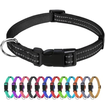 Abbildung von TagME Nylon Hundehalsband, Verstellbares Reflektierendes Hundehalsband mit Sicherheitsschnalle für Welpen, Schwarz, 1.0cm Breite