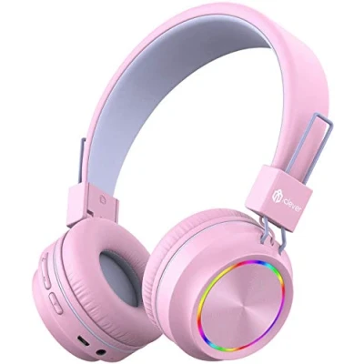 Abbildung von iClever Bluetooth Kinder Kopfhörer, Bunte Lichter LED, 94dB Lautstärkebegrenzung, Faltbare, Einstellbar, Kabellos und Kabel, Eingebautes Mikrofon für PC, Tablet, Kindle