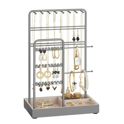 Abbildung von SONGMICS Schmuckständer, Schmuckhalter, Metallrahmen, Schmucktablett Samt, Schmuckaufbewahrung für Halsketten Armbänder Ohrringe Ohrstecker Ringe, Geschenkidee, Weihnachten, taubengrau JJS021G01