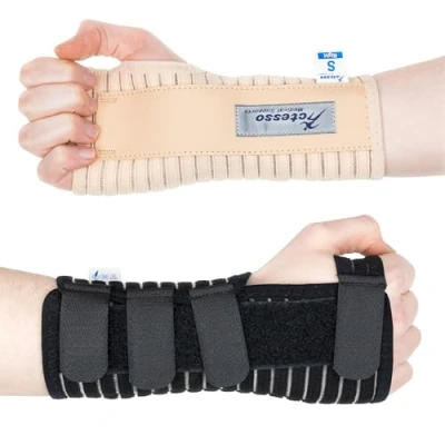Abbildung von Actesso Atmungsaktive Handgelenkschiene Handgelenkstütze Entlastung für Karpaltunnelsyndrom, Verstauchungen, RSI und Sehnenscheidenentzündung (Beige Rechts, S)
