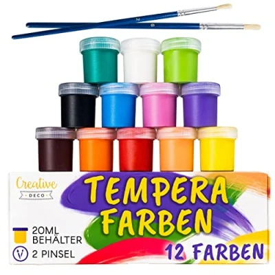 Abbildung von Creative Deco Temperafarben Plakatfarbe Set 20 ml x 12 Töpfe Abwaschbare Schule Fingerfarben für Kinder Tempera Hochpigmentierte Sicher, Ungiftig Extra Deckkraft und Mattes Finish