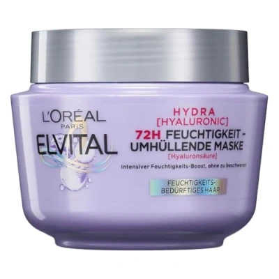 Abbildung von L&#039;Oréal Paris Elvital Hydra Hyaluronic feuchtigkeitsspendende Haarmaske für glänzendes Haar, Hyaluron Intensivkur einen Feuchtigkeitsboost, bis zu 72h langanhaltende Feuchtigkeit und Pflege, 300ml