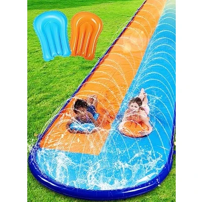 Abbildung von Sloosh 6,9 m Doppelrutsch Rutschen, robuste Rasen Wasserrutsche für Kinder und Erwachsene mit Sprinkler 2 aufblasbaren Wasserrutschen Garten Hof Rasen, Outdoor, Sommer Wasserspaß