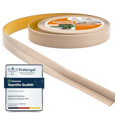 Abbildung von Quest Weichsockelleiste Selbstklebend 10 mm x Knickleiste Abschlussleiste für Küche Badezimmer Dichtungsband PVC Flexibel Wasserdicht Dekorativ Beige 5 Meter