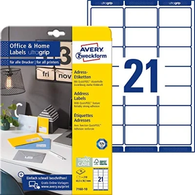 Abbildung von AVERY Zweckform 7160 10 Adressetiketten/Adressaufkleber (210 Etiketten mit ultragrip, 63,5x38,1mm auf A4, bedruckbar, selbstklebend, für Absenderetiketten, ideal fürs HomeOffice) Blatt, weiß