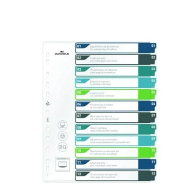 Abbildung von Durable Ordnerregister 1 12, A4+ hoch, beschriftbares Indexblatt, 100% recycelbar, mehrfarbig, 679627