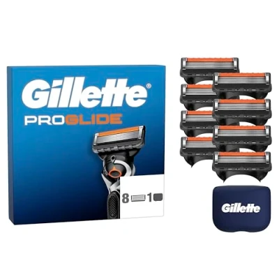 Abbildung von Gillette Fusion5 Proglide 8 Ersatzklingen mit 2x Gleitstreifen vor und nach den Klingen neuer EverGlide für unglaubliche Gründlichkeit Komfort