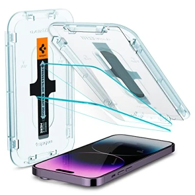 Abbildung von Spigen Glas.tR EZ Fit Schutzfolie kompatibel mit iPhone 14 Pro Max, 2 Stück, Kratzfest, 9H Härte Folie