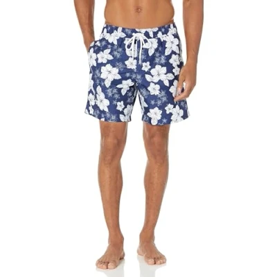 Abbildung von Amazon Essentials Herren Badehose, Schnell Trocknend, 18 cm, Marineblau Hibiskusblume, XXL