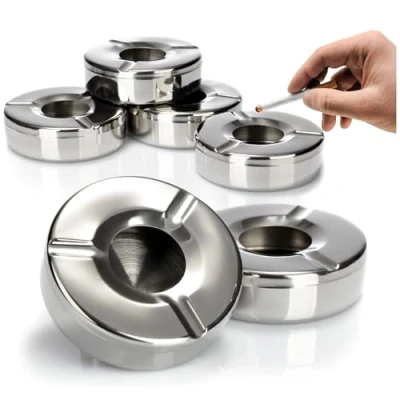 Abbildung von com four® 6X Aschenbecher aus Edelstahl Windaschenbecher mit abnehmbarem Deckel zum Schutz vor Flugasche Ø 11 cm (006 Stück Edelstahl)