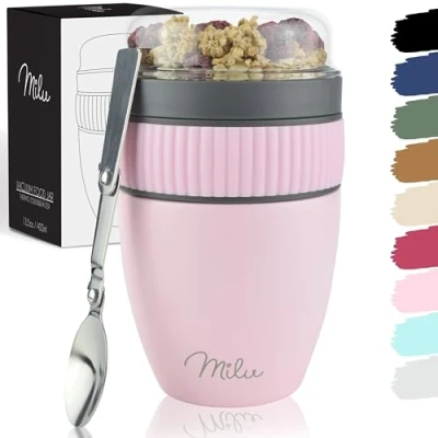 Abbildung von Milu Müslibecher to go 400ml MüsliMax I isolierter Edelstahl Joghurtbecher für Müsli auslaufsicherer Becher mit Löffel Yoghurt/Porridge (Rosa)