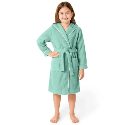 Abbildung von LAYNENBURG Premium Bademantel Kinder &amp; Teenager mit Kapuze 100% Baumwolle OEKO TEX Standard 100 flauschiges Frottee Größe (122/128, Türkis)