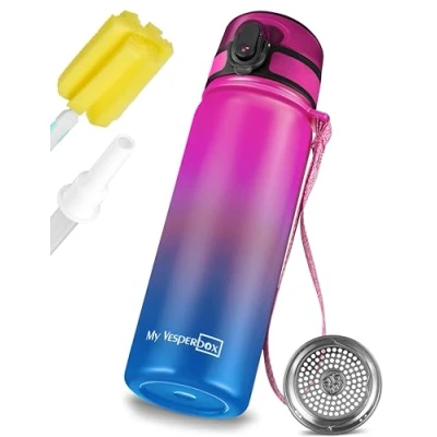 Abbildung von My Vesperbox Edelstahl Thermos Trinkflasche auslaufsicher mit Strohhalm oder Sieb 400 ml, 600ml BPA FREI für Kindergarten, Schule (Lila Blau 600ml)