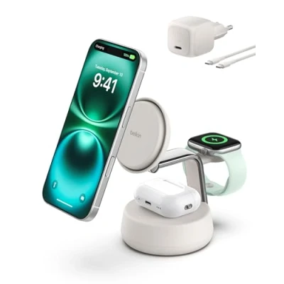 Abbildung von Belkin Qi2 Ladestation Apple Watch und iPhone, 3 in 1 Ladegerät MagSafe kompatibel, 25W, Wireless Charger für iPhone 16, Watch, AirPods, induktive mit 45 W Adapter Sandfarben