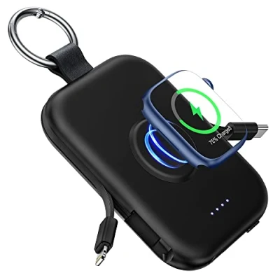 Abbildung von RORRY Power Bank, 5000mAh Externe Handy Akkus mit eingebauten Kabeln, Schlüsselanhänger Powerbank Kompatibel iPhone 16/15/14/13/12 und für Apple Watch 9/Ultra 2/8/Ultra/7/6/Se/5/4, Schwarz