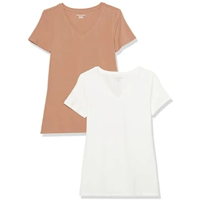Abbildung von Amazon Essentials Damen T Shirt mit kurzen Ärmeln und V Ausschnitt in normaler Passform, 2er Pack, Hellbraun/Weiß, S