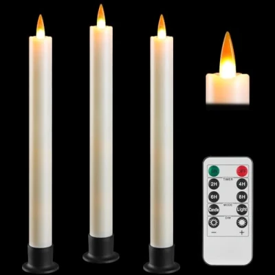 Abbildung von Da by LED Stabkerzen mit Fernbedienung und Timer, batteriebetriebene Kerze, 3D dynamisch simulierte Flamme, 3 schwarze Basen, Stück, elfenbeinfarbene für Wohnkultur