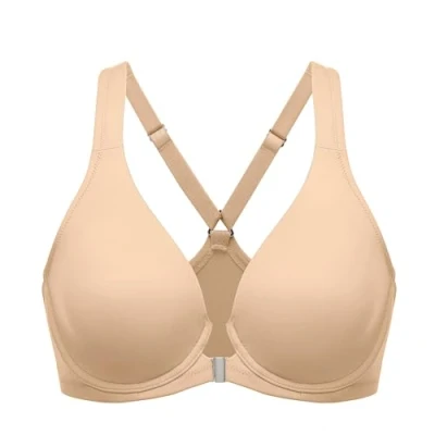 Abbildung von DELIMIRA Damen Vorderverschluss Racerback BH Grosse Grössen Bügel BHS Tiefer Ausschnitt Ungefüttert Vollschalen Warmes Beige 80H