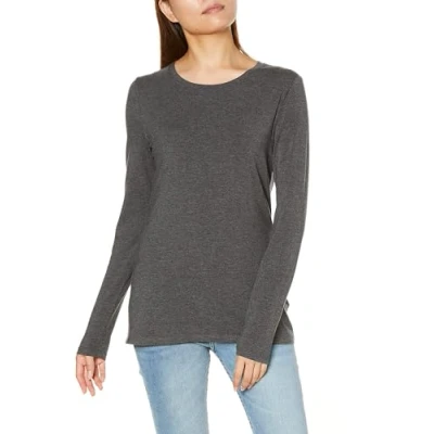 Abbildung von Amazon Essentials Damen Regular Fit Langarm T Shirt Rundhalsausschnitt (In Übergröße Erhältlich), Dunkelgrau Meliert, L