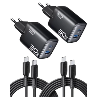 Abbildung von INIU 30W USB C Ladegerät 2 Pack, [USBC + USBA] Schnellladegerät mit Kabel, Gan PD 3.0 Mehrfach Netzteil, Charger für iPhone 16 15 Pro Max, iPad, Galaxy S25 S24 S23 Ultra, Google ECC