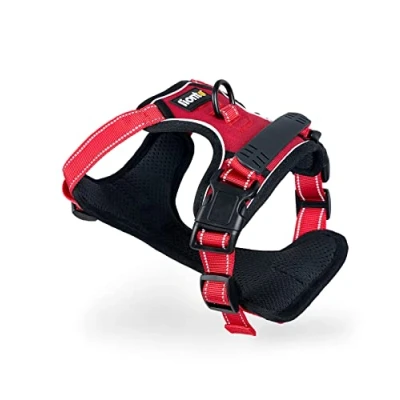Abbildung von lionto Hundegeschirr gepolstert aus weichem Nylon, Größe M, reflektierendes Anti Zug Geschirr für Hunde mit 2 Ringen &amp; 4 Einstellgurten, Zwei Klickverschlüsse gummierter Griff am Rücken, rot