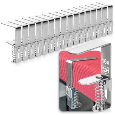 Abbildung von com four® 16x Premium Tischdeckenklammer aus Edelstahl Tischklammern mit Feder für Tische Einer Stärke von 2,7 5,5 cm Tischtuchklammer rostfrei drinnen und draußen