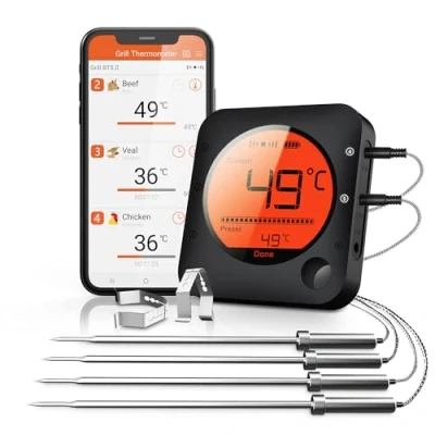 Abbildung von BFOUR 100m Grillthermometer Bluetooth, Fleischthermometer kabelloses mit 4 Edelstahlsonden, große LCD Anzeige, Bluetooth Bratenthermometer für Grill, Smoker, Ofen, BBQ
