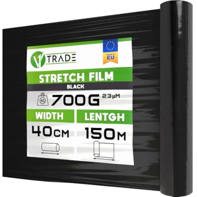 Abbildung von V1 Trade Stretchfolie Schwarz Folie für Möbel Hand Umzugfolie 150m x 40 cm Stretchfolienrolle Schwarzfolie 23my Verpackungsfolie auf Rolle Wickelfolie Umzugsfolie Dehnung 250%