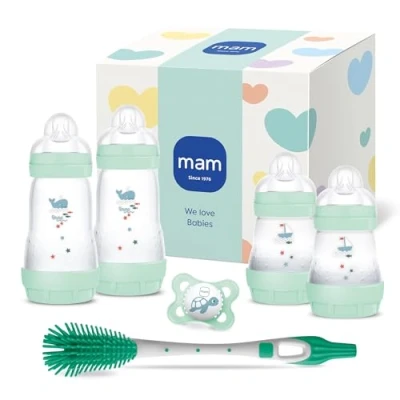 Abbildung von MAM Easy Start Anti Colic Neugeborenen Set 0+ Mon Babyflaschen 94% Akzeptanz 96% Hebammen Empfehlung 80% weniger Koliken 4 Trinkflaschen, 1 Original Schnuller &amp; Soft Brush mint