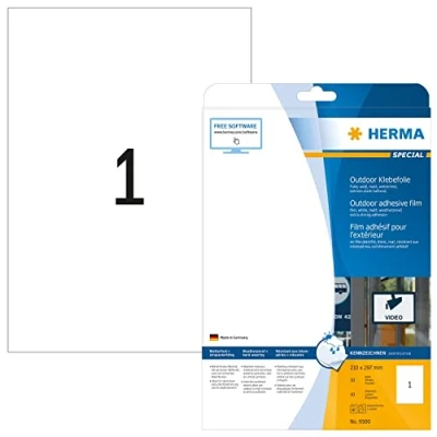 Abbildung von HERMA 9500 Wetterfeste Folienetiketten, 10 Blatt, 210 x 297 mm, 1 pro A4 Bogen, Stück, selbstklebend, bedruckbar, matt, blanko Outdoor Klebeetiketten Aufkleber aus Polyethylen, weiß