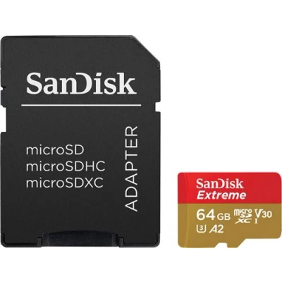 Abbildung von SanDisk Extreme microSDXC UHS I Speicherkarte 64 GB für Actioncams und Drohnen + Adapter RescuePRO Deluxe (bis zu 170 MB/s, A2, Class 10, U3, V30)