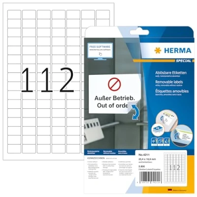 Abbildung von HERMA 4211 Universal Etiketten ablösbar, 25 Blatt, 25,4 x 16,9 mm, 112 pro A4 Bogen, 2800 Stück, selbstklebend, bedruckbar, matt, blanko Papier Klebeetiketten Aufkleber, weiß