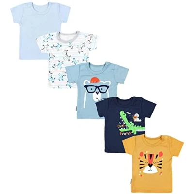 Abbildung von TupTam Baby Jungen Kurzarm T Shirt mit Aufdruck Unifarben Sterne Streifen 5er Set, Farbe: Krokodil Dunkelblau Tiger Senfgelb Zebra Blau, Größe: 92