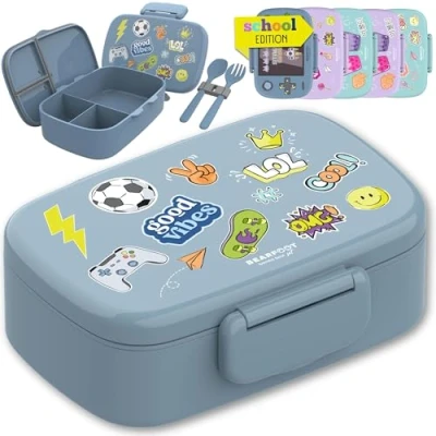 Abbildung von BEARFOOT Brotdose Kinder mit Fächern, BPA frei, Lunchbox, Bento box, Brotbox, Mädchen &amp; Jungen, Snackbox, 100% auslaufsicher, Vesperbox für Kindergarten, Schule (Sticker blau)