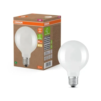Abbildung von Osram LED Superstar Classic Globe Lampe G 95 in klassischer Ballform aus gefrostetem Glas, 3.8 W, 806 lm, E27 Fassung, warmweißes Licht mit 2700 K, EEK A, mm Durchmesser.