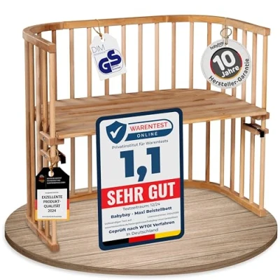 Abbildung von babybay Maxi extra großes Beistellbett aus massivem Buchenholz / Kinderbett Höhe stufenlos verstellbar &amp; umweltfreundlich mitwachsendes Babybett (natur lackiert)